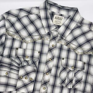Ariat Shirt Mens XXL Gray Plaid Pearl Snap Sawtooth Pocket Cowboy Western Cotton